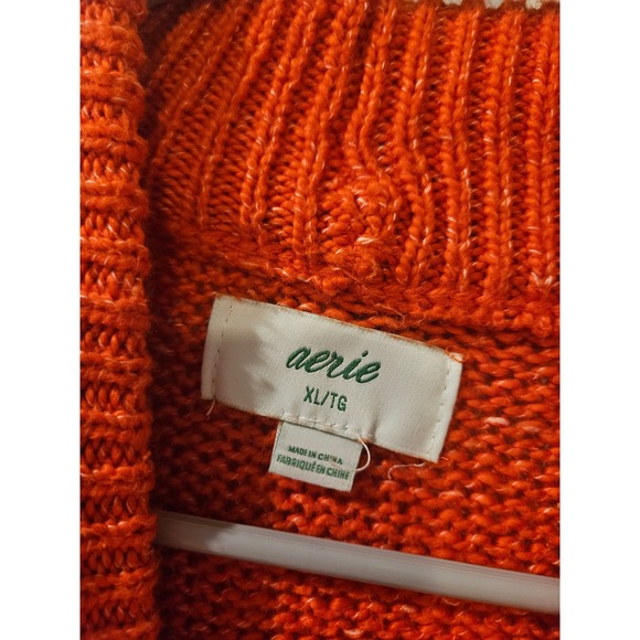 Aerie XL Chunky Knit Mock Neck Sweater Orange Cream Stripe Cozy Fall Pumpkin - Picture 2 of 6